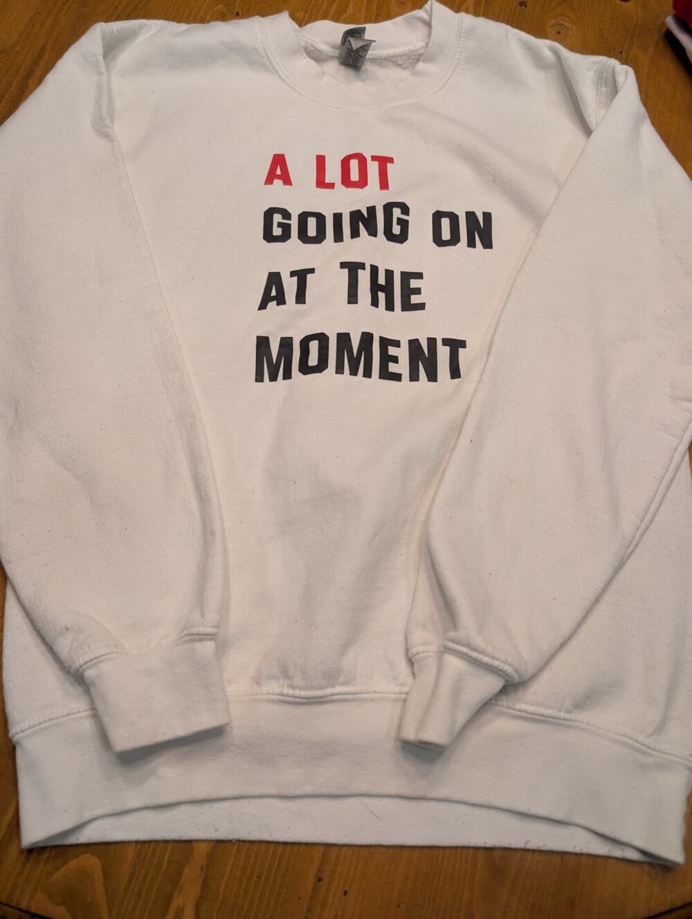 Gildan White Crewneck Sweatshirt, "A Lot Going On", Taylor Swift, Women's Small
